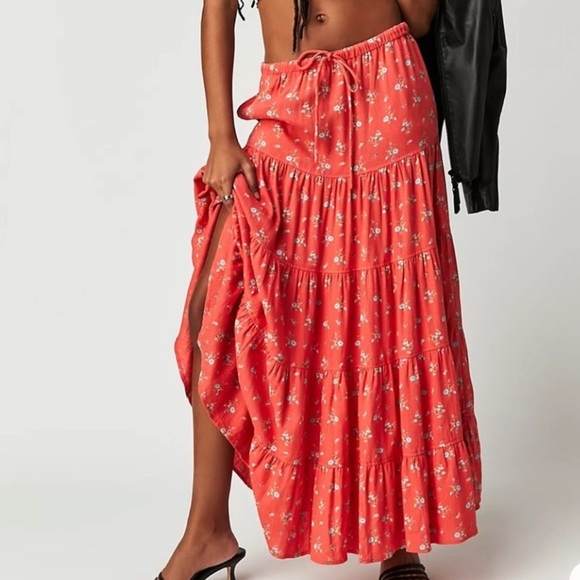 Free People Dresses & Skirts - Free People NOVA Coral Floral Tiered Maxi Skirt - Elastic Waist with Drawstring
